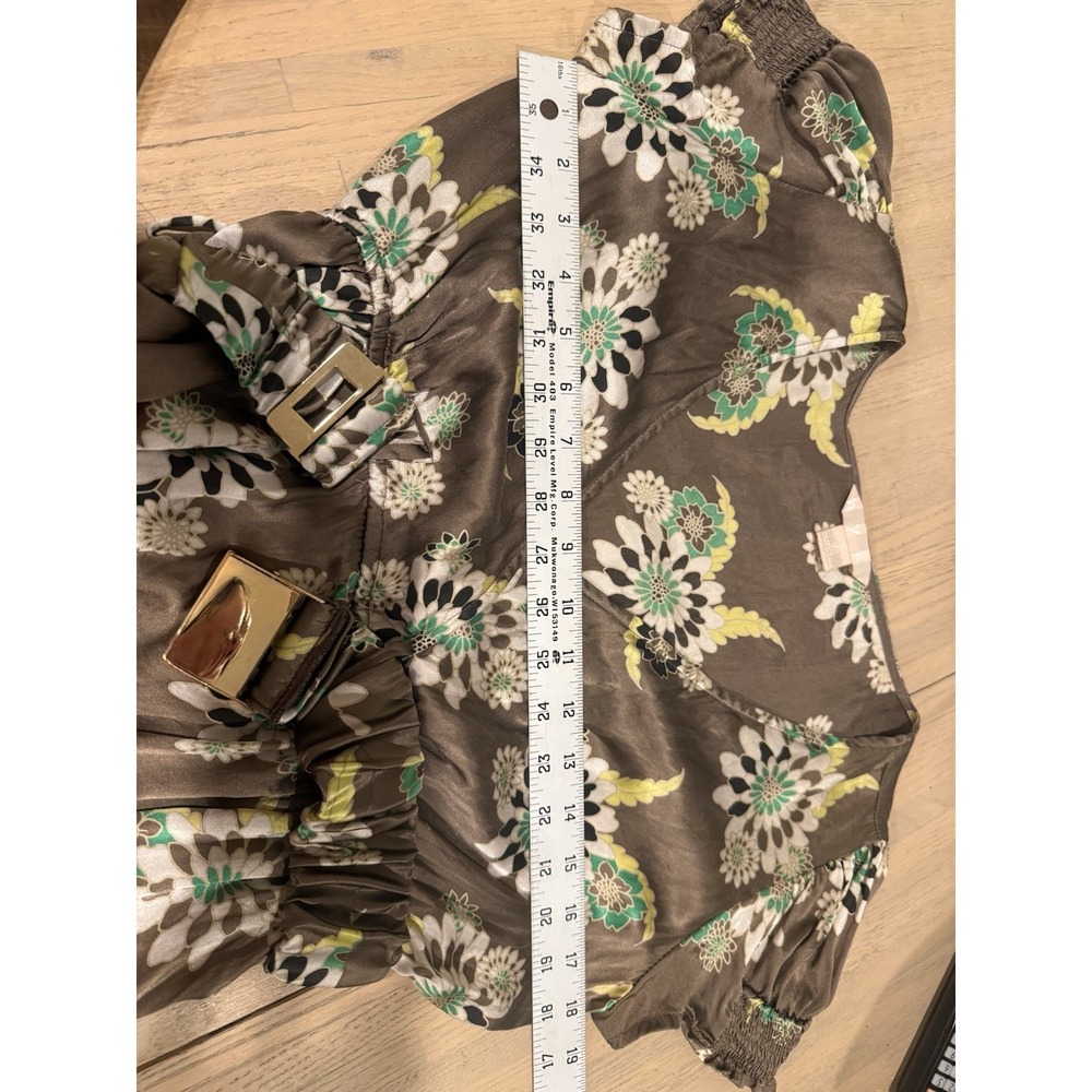 VPL 100% Silk Brown Floral Knee Length Dress Gold Buckle Belt V-Neck Fit & Flare - Picture 5 of 6